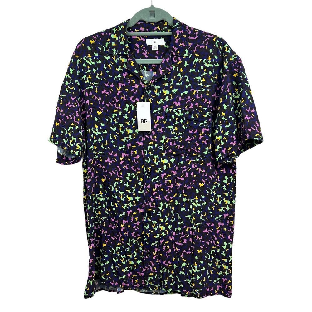 BP  Button Up Shirt Collard Short Sleeve Purple Abstract Blotch Print Mens Sz S*